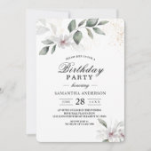 ソフトなグリーンの水彩画の葉と花 | ゴールド 招待状 (正面)