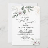 ソフトなグリーンの水彩画の葉と花 | ゴールド 招待状 (正面)