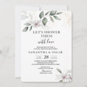 ソフトなグリーンの水彩画の葉と花 | ゴールド 招待状 (正面)