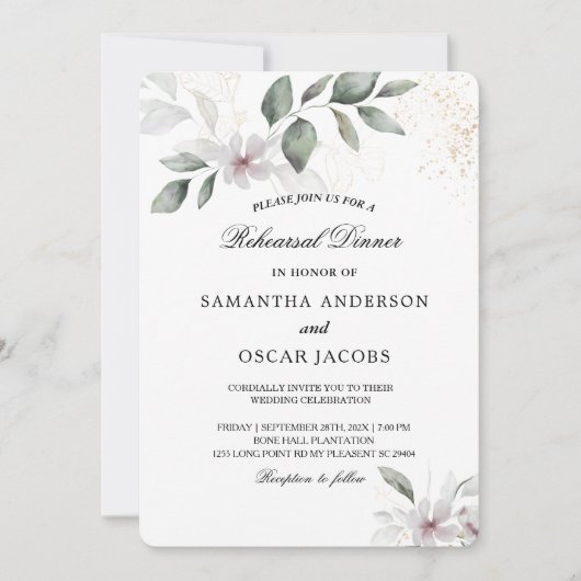 ソフトなグリーンの水彩画の葉と花 | ゴールド 招待状 (正面)