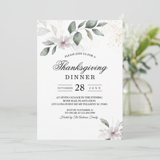 ソフトなグリーンの水彩画の葉と花 | ゴールド 招待状 (スタンド正面)