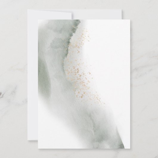 ソフトなグリーンの水彩画の葉と花 | ゴールド 招待状 (裏面)