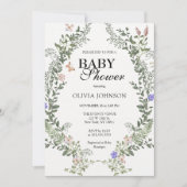ソフトなグリーン ボーホ 無性別 フラワー ベイビーシャワー 招待状 (正面)
