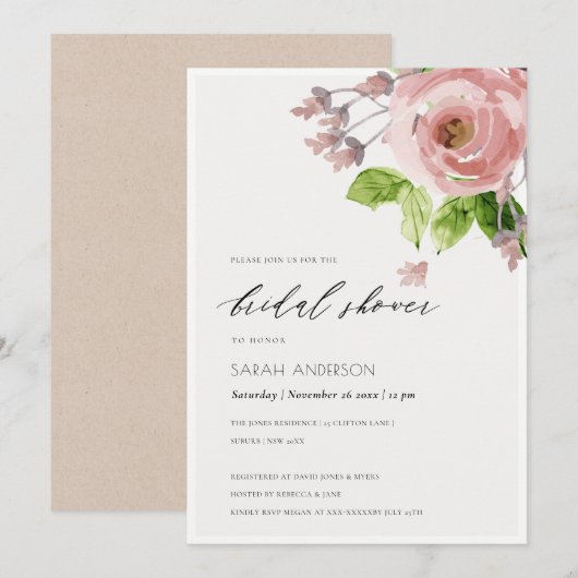 ソフトなコーラルピンクの水彩花イラストのウェディングシャワー 招待状 (正面/裏面)