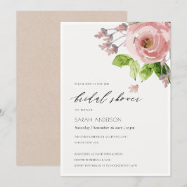 ソフトなコーラルピンクの水彩花イラストのウェディングシャワー 招待状