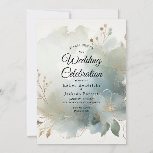 ソフトなゴールドのくすんだブルーのロマンティックな結婚式 招待状 (正面)