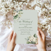 ソフトなサググリーンの花柄エレガントな結婚式招待状 招待状