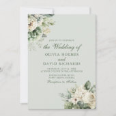 ソフトなサググリーンの花柄エレガントな結婚式招待状 招待状 (正面)