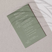 ソフトなサージグリーンのウェディングウェルカム。週末の予定 招待状