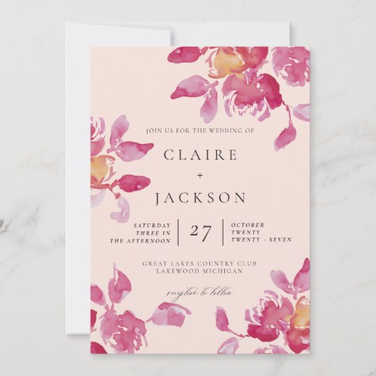 ソフトなバラの水彩モダンウェディング 招待状 (正面)