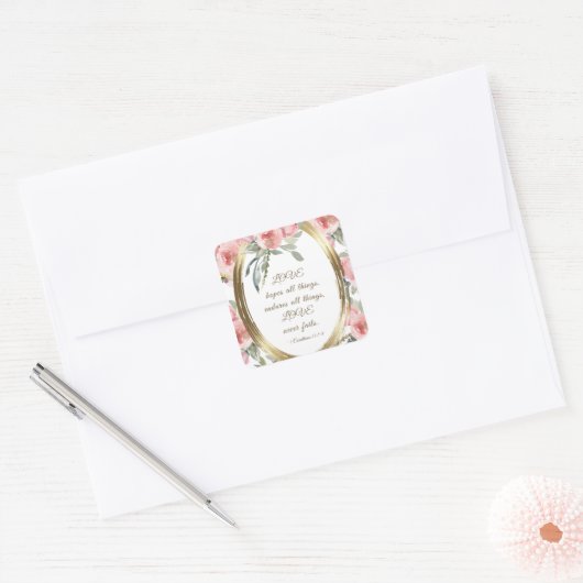 ソフトなバラの花束 ゴールドフレーム 聖書の名言 結婚式 スクエアシール (封筒)