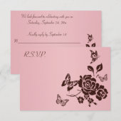 ソフトなバラピンクとブラウンの蝶の花の返信カード 招待状 (正面/裏面)