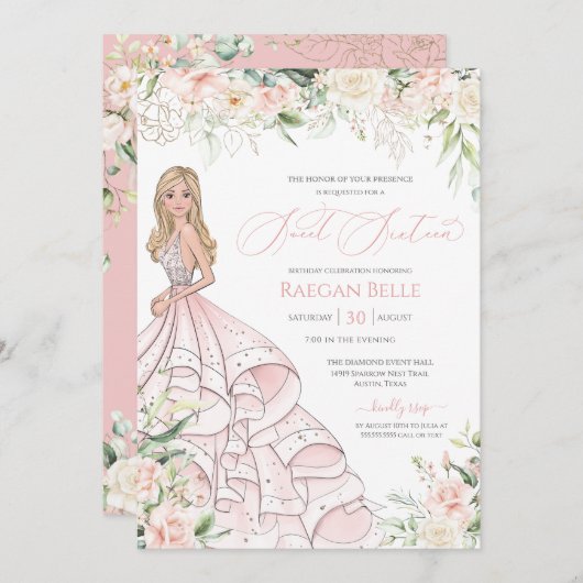 ソフトなバラピンクと白いバラのラグジュアリー スイート16招待状 招待状 (正面/裏面)