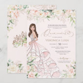 ソフトなバラピンクと白のバラ ラグジュアリー キンセアニョス 誕生日 招待状 (正面/裏面)