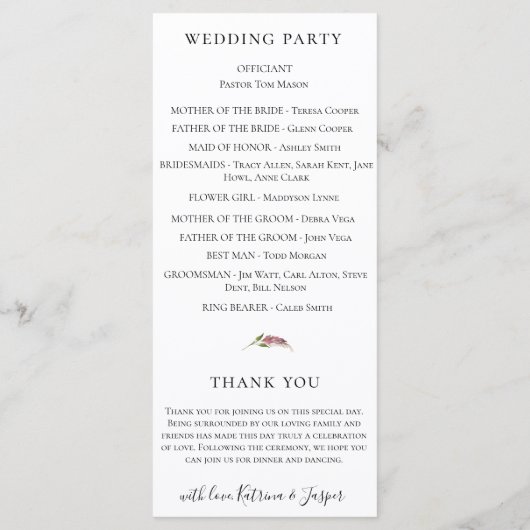 ソフトなバラ色とプラムの水彩花のウェディング プログラム (裏面)