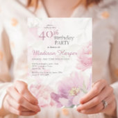 ソフトなバラ色の水彩ペオニー 40歳の誕生日 招待状