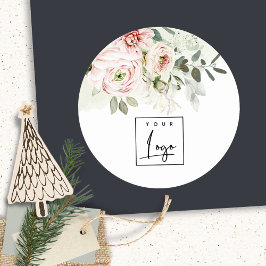 ソフトなバラ色の牡丹の葉のボタニカルな花のロゴ ラウンドシール