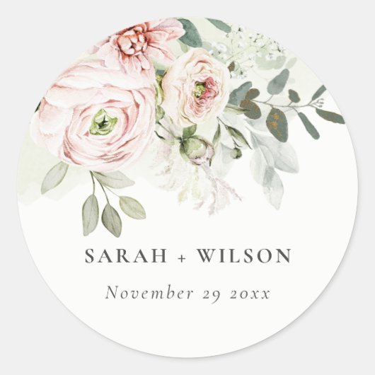 ソフトなバラ色の芍薬とユーカリの葉のウェディング ラウンドシール (正面)