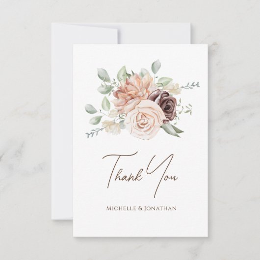 ソフトなバラ色の花とグリーンが美しいフラワーウェディング サンキューカード (正面)