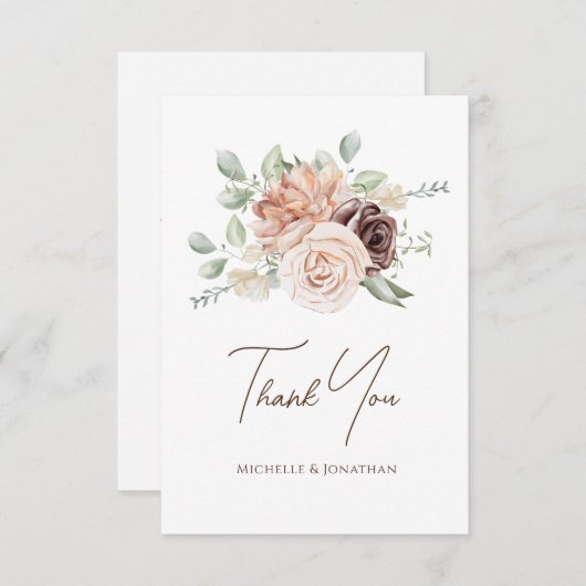 ソフトなバラ色の花とグリーンが美しいフラワーウェディング サンキューカード (正面/裏面)