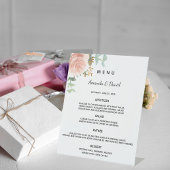 ソフトなバラ色の花とユーカリのグリーンが彩るディナーメニュー 台座サイン