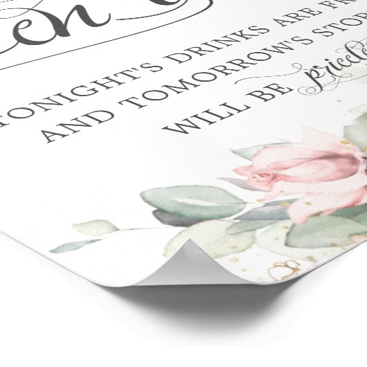 ソフトなバラ色の花と緑のウェディング オープンバー ドリンク ポスター (角)