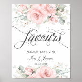 ソフトなバラ色の花と緑のウェディング フェイバーズ サイン (正面)