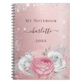 ソフトなバラ色の花柄に銀の葉とグリッター加工の背景に名前とタイトルと年を入れて ノートブック (正面)