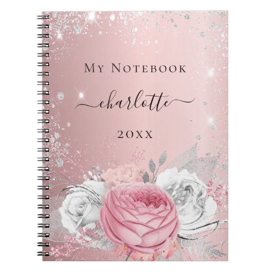 ソフトなバラ色の花柄に銀の葉とグリッター加工の背景に名前とタイトルと年を入れて ノートブック (正面)