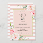 ソフトなバラ色の花柄ピンクストライプ スイート16の誕生日 招待状 (正面/裏面)