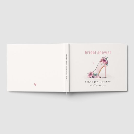 ソフトなバーガンディピンクのハイヒール フラワーブライダルシャワー ゲストブック (全面)