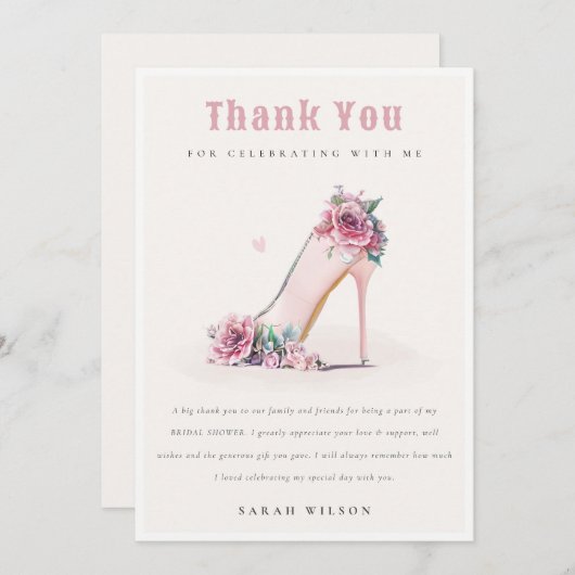 ソフトなバーガンディピンクのハイヒール フラワーブライダルシャワー サンキューカード (正面/裏面)