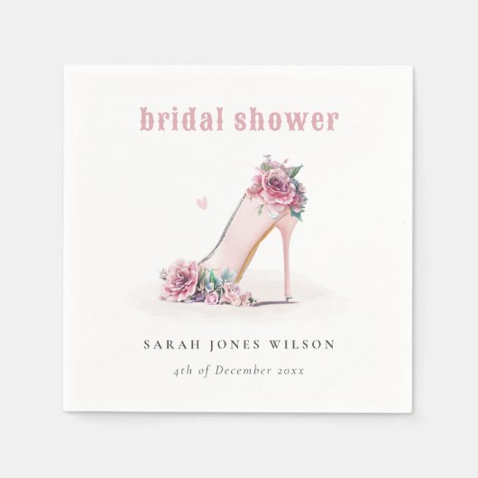 ソフトなバーガンディピンクのハイヒール フラワーブライダルシャワー スタンダードカクテルナプキン (正面)