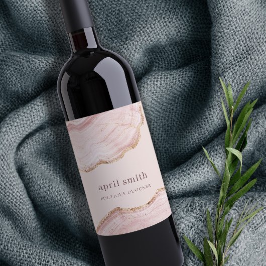 ソフトなパステルカラーのチーク ローズゴールドのアゲート マーブル模様 ワインラベル