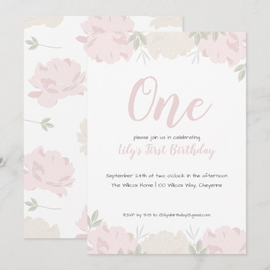 ソフトなパステルカラーの芍薬 女の子の1歳誕生日パーティー 招待状 (正面/裏面)