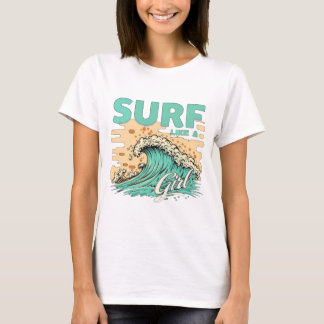 ソフトなパステルカラーの「Surf like a girl」 Tシャツ