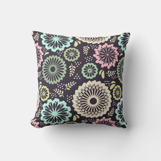 ソフトなパステルピンクとターコイズブルーの花 Vintage BotanicaL クッション (正面)