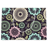 ソフトなパステルピンクとターコイズブルーの花 Vintage BotanicaL ラージペーパーバッグ (正面)