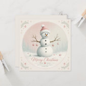 ソフトなパステルピンクの雪だるま 冬の森 カード (正面/裏面インサイチュ)