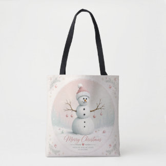 ソフトなパステルピンクの雪だるま 冬の森 トートバッグ
