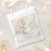 ソフトなパステルピンクの雪だるま 冬の森 フェイバーバッグ (クリップ留めされた状態)