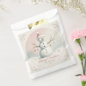 ソフトなパステルピンクの雪だるま 冬の森 フェイバーバッグ (封をした状態)