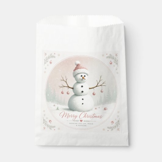 ソフトなパステルピンクの雪だるま 冬の森 フェイバーバッグ (正面)