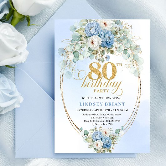 ソフトなパステルブルーの花とユーカリの80歳の誕生日 招待状