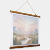 ソフトなパステル調の水彩画で描かれた山の日の出ウォールアート 吊り下げ型タペストリー (傾斜あり)