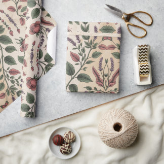 ソフトなピンクとグリーンの花模様 ラッピングペーパー