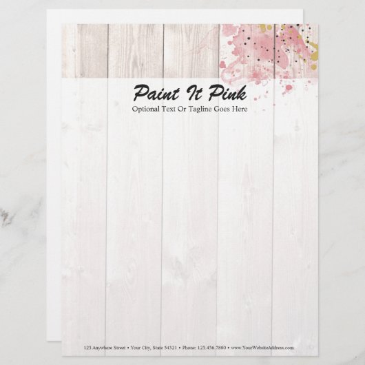 ソフトなピンクとゴールドのペイントスプラッターが施されたラスティックウッド レターヘッド (正面/裏面)