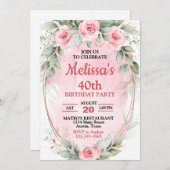 ソフトなピンクとセイジグリーンのバラ お誕生日おめでとう（毎年） 招待状 (正面/裏面)