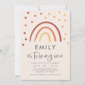 ソフトなピンクとパステルテラコッタの虹色の1歳の誕生日 招待状 (正面)