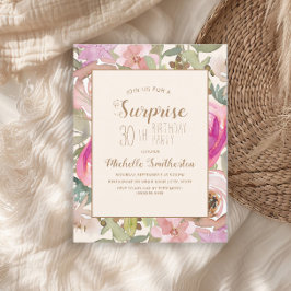 ソフトなピンクとパープルの花のサプライズ 30歳の誕生日 招待状